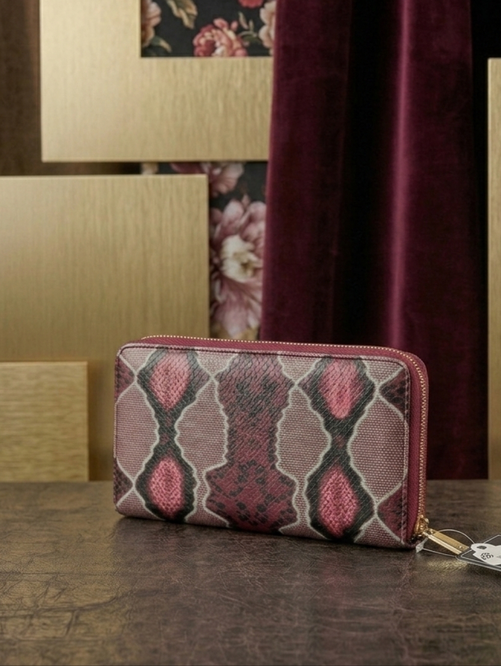 Union Code RFID Genuine Leather Snakeskin Print Wallet With Floral Interior, NWT